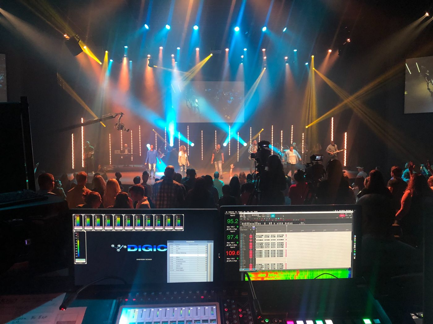 Front-of-house view during a worship service
